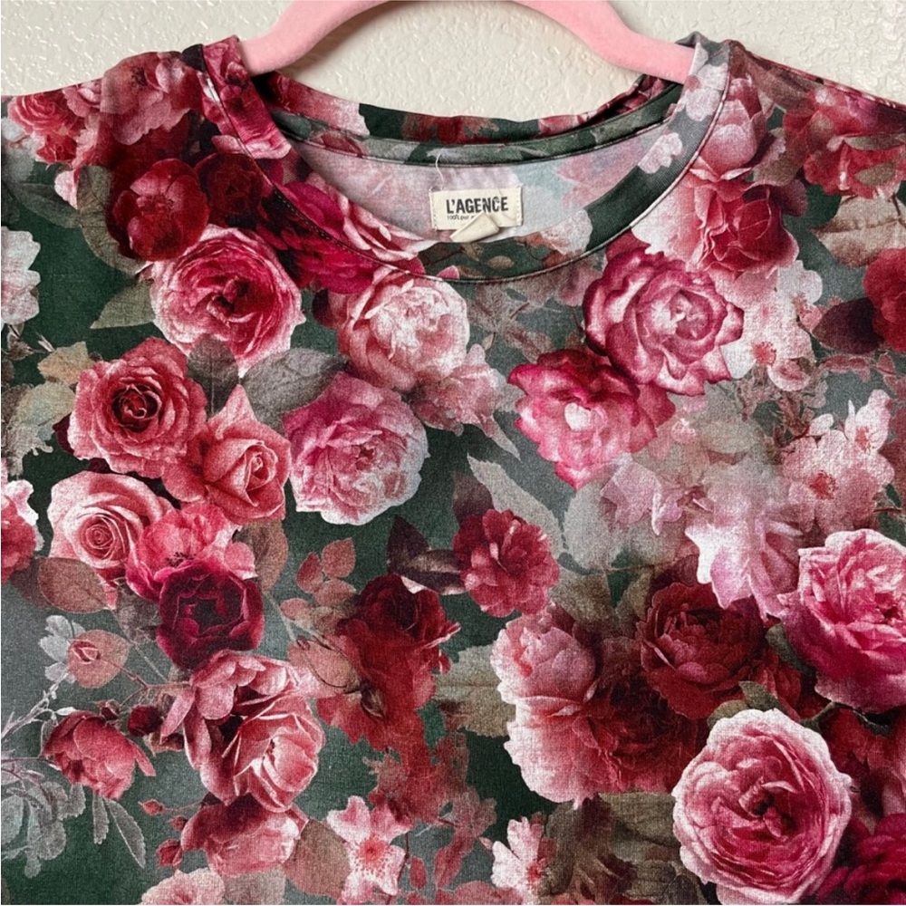 L'Agence Top Womens XS Red Green Ressi Vintage Floral Rose Print Crewneck Tee - Picture 3 of 3